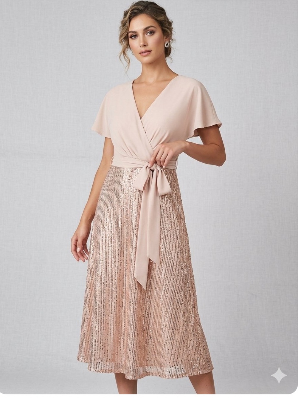 👗Grace Karin Blush Pink Wrap Midi Dress with Sequined Skirt